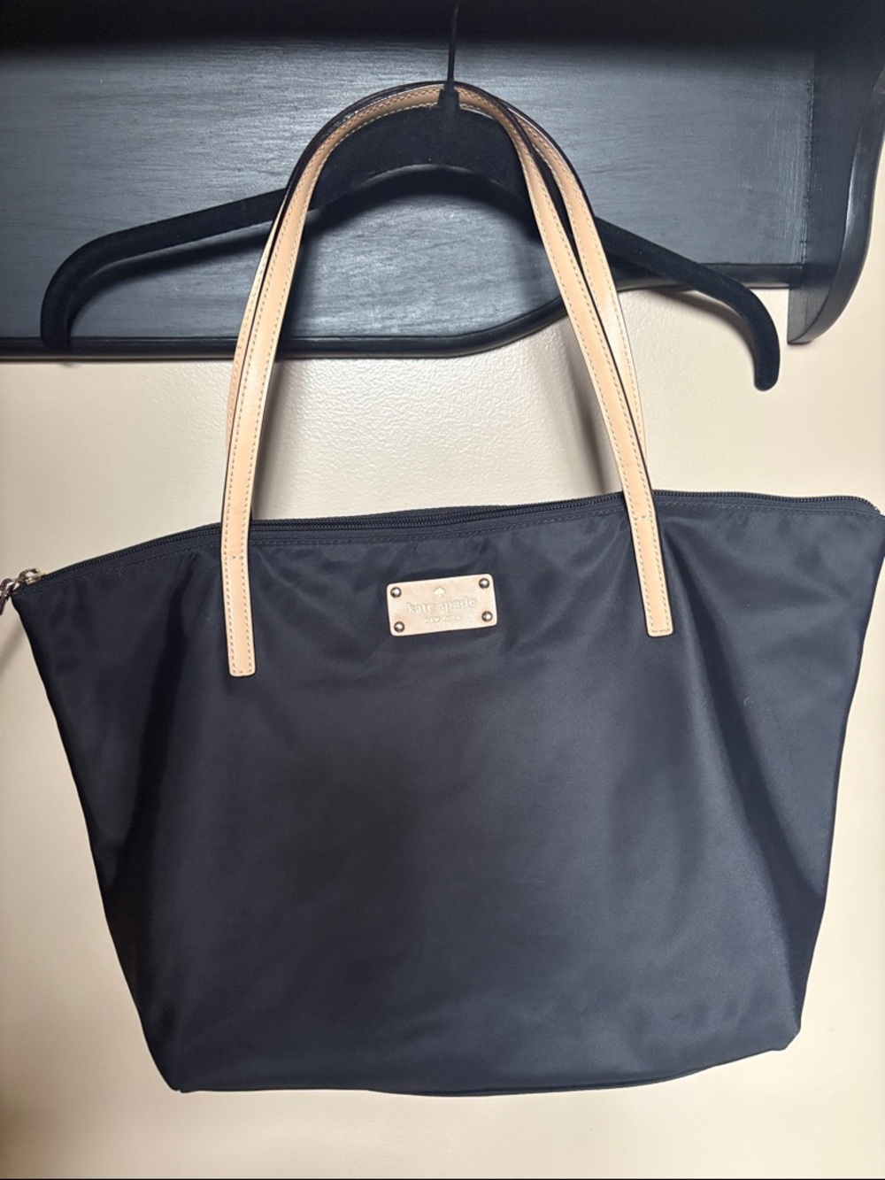 kate spade Black Kennedy Park Nylon Tote with Beige Leather Handles